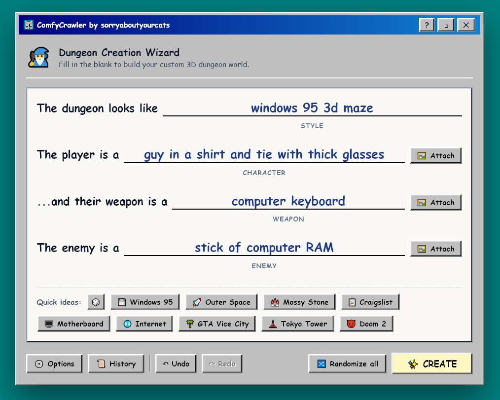 The Dungeon Creation Wizard with four filled-in blanks