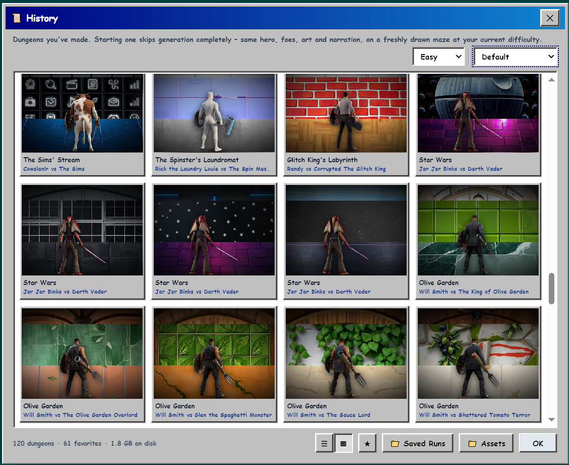 History in thumbnail view: a grid of saved dungeons, each showing its hero from behind against that dungeon's walls and floor, with the dungeon's name and its hero vs boss underneath