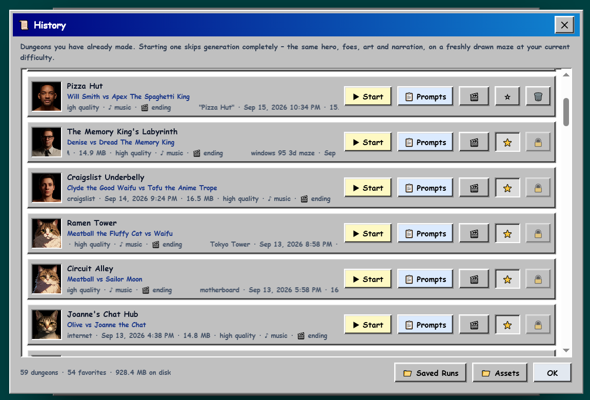 The History window listing saved dungeons with Start, Prompts, movie, favorite and delete buttons