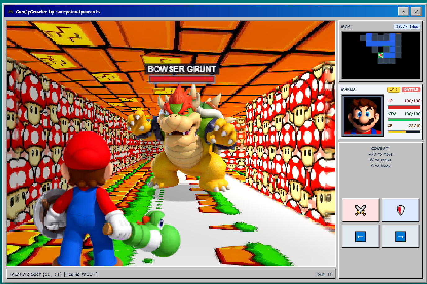 Mario with a Yoshi hammer faces a Bowser grunt