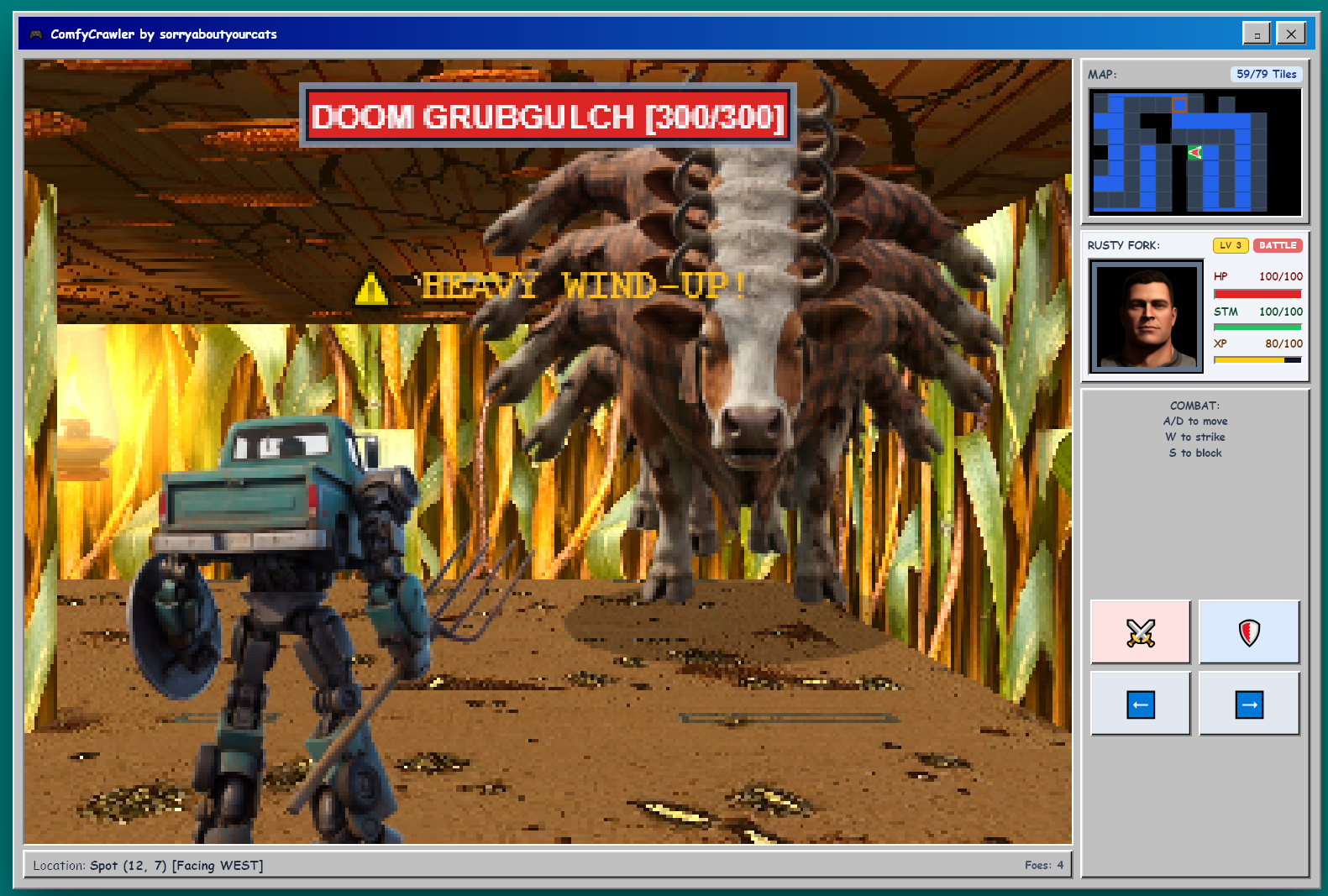 Rusty Fork, a truck-robot farmer, squares up to Doom Grubgulch, a many-headed cow, in a cornfield maze