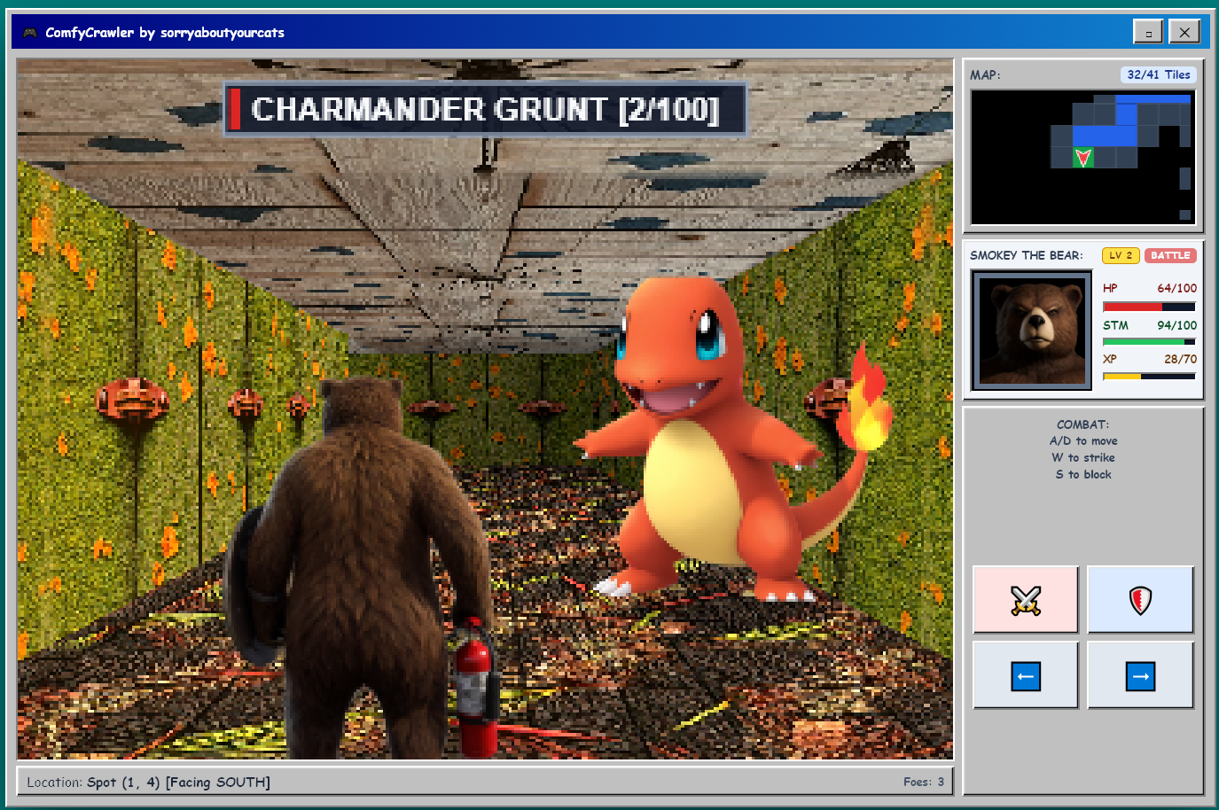 Smokey the Bear with a fire extinguisher faces a Charmander grunt