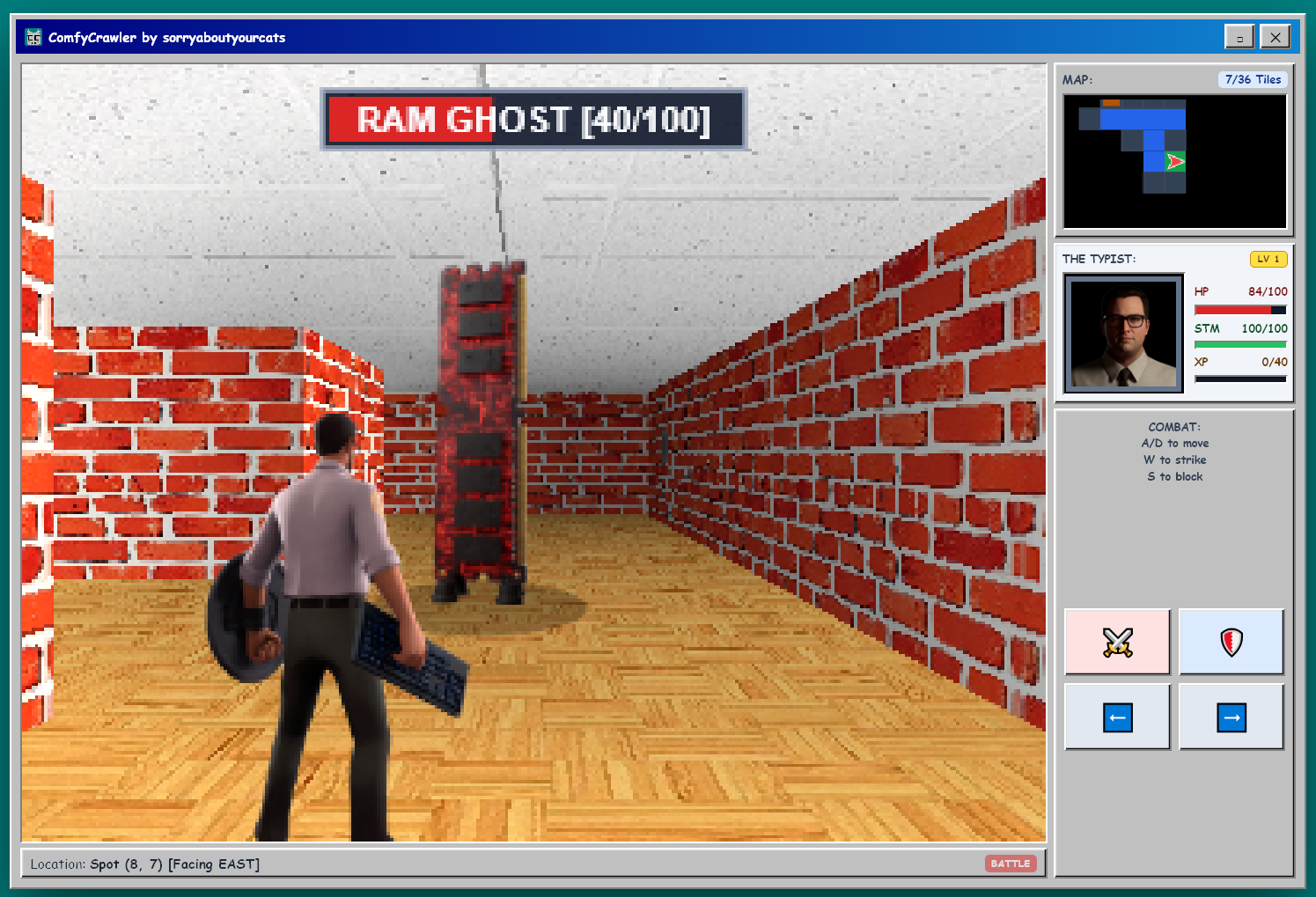 The Typist fights a RAM Ghost in a red-brick Windows 95 maze