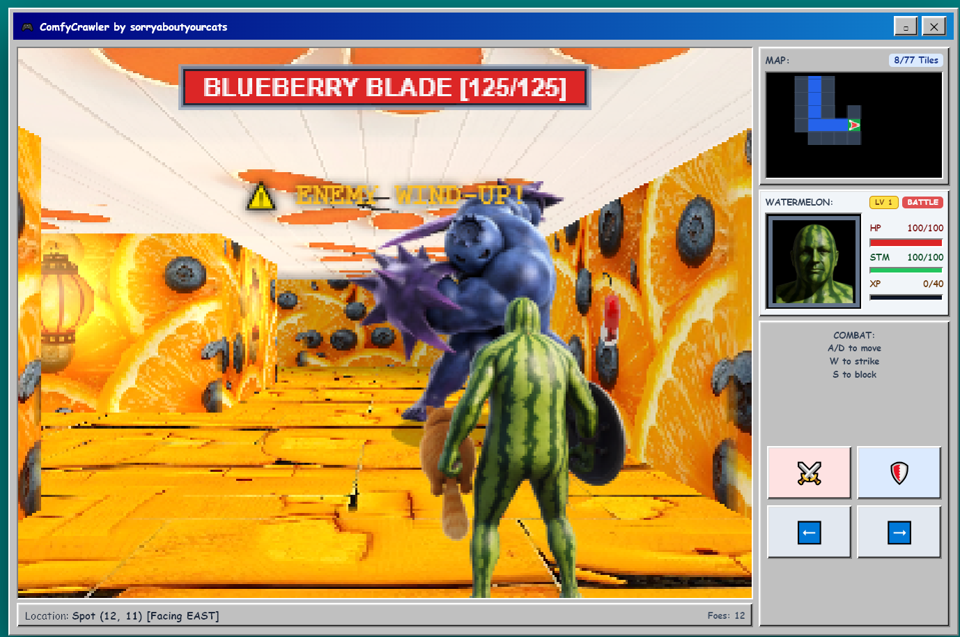 A watermelon warrior faces the Blueberry Blade in an orange-slice maze