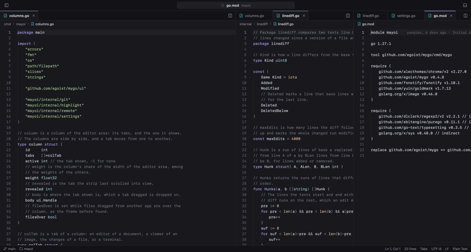Two columns of Go source