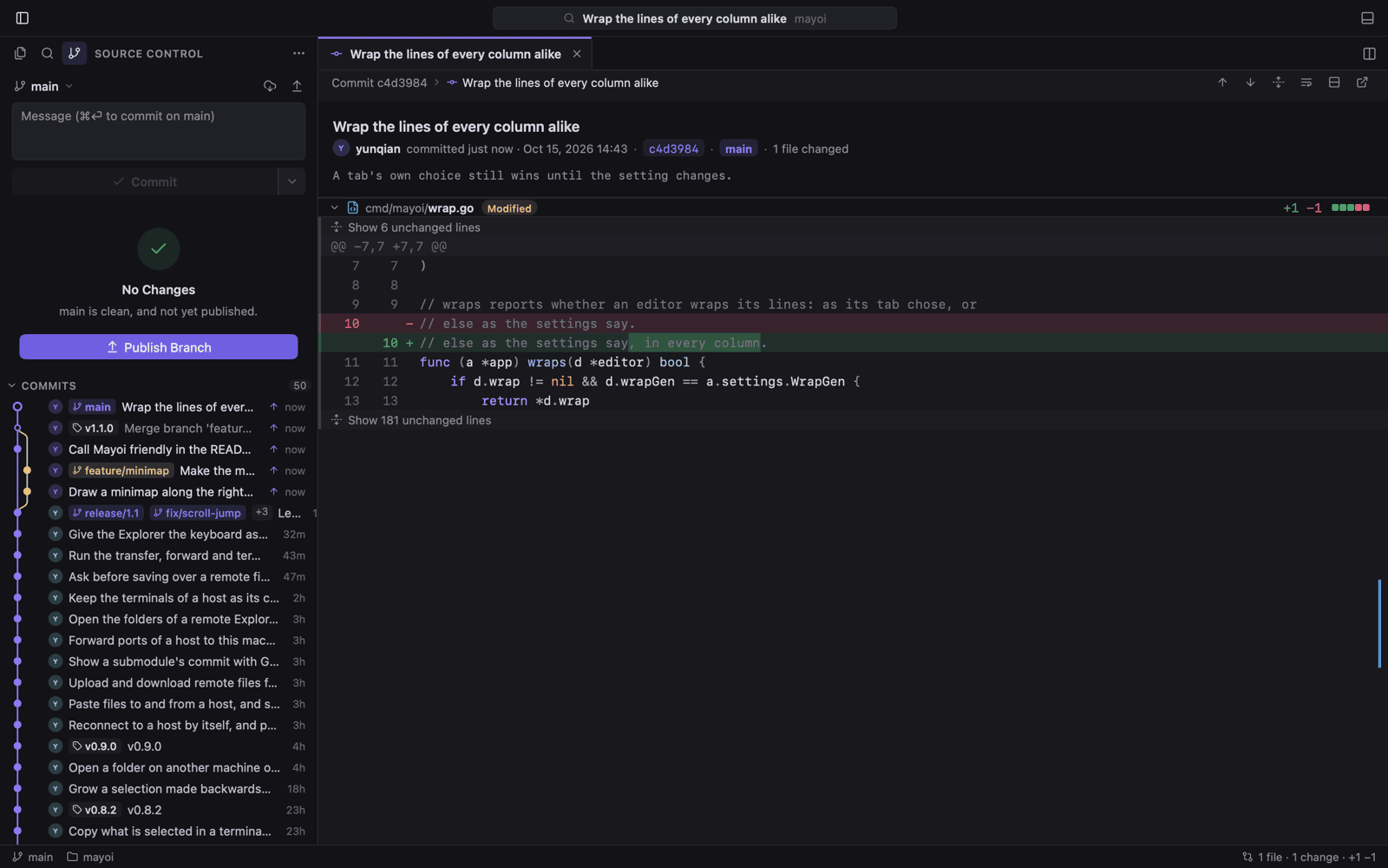 The commit graph and a commit's diff