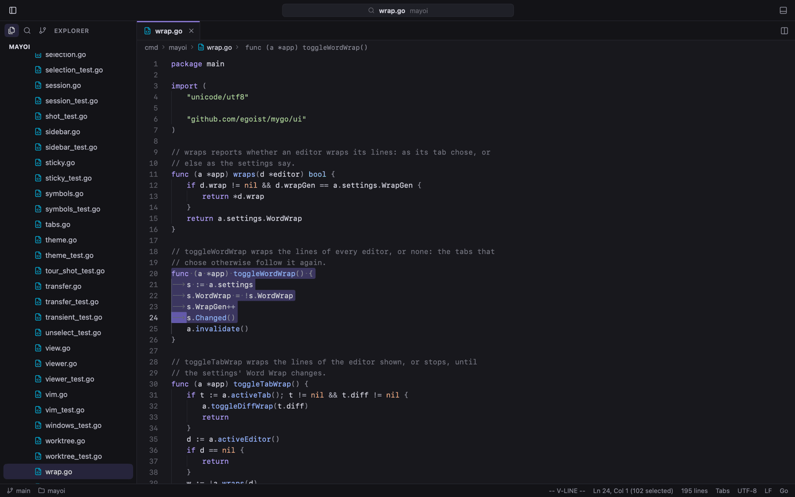 Lines selected in Vim's visual mode