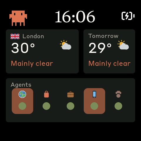 Status screen with a pulsing orange highlight on the working agents