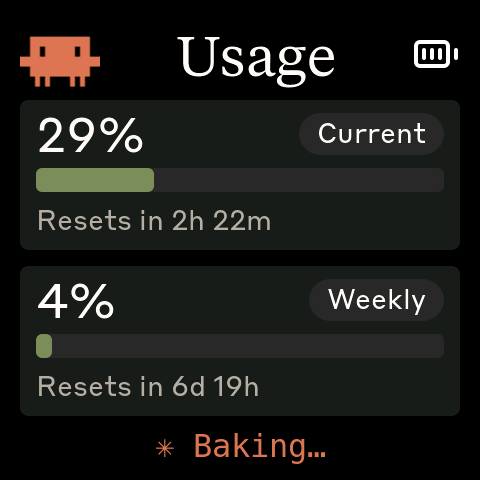 Usage screen showing session and weekly Claude Code limits