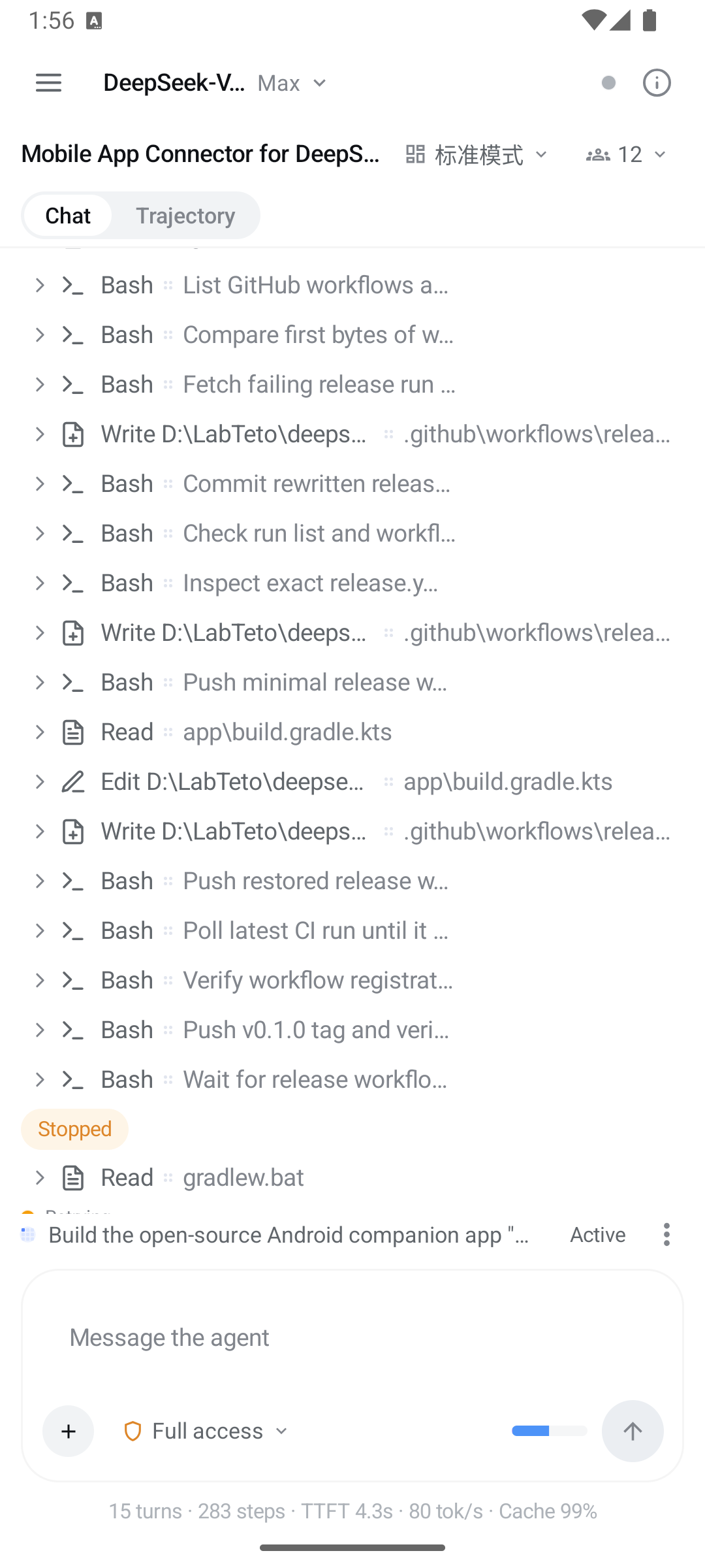 Chat: streamed turns with per-tool icons, tool cards, goal dock and composer