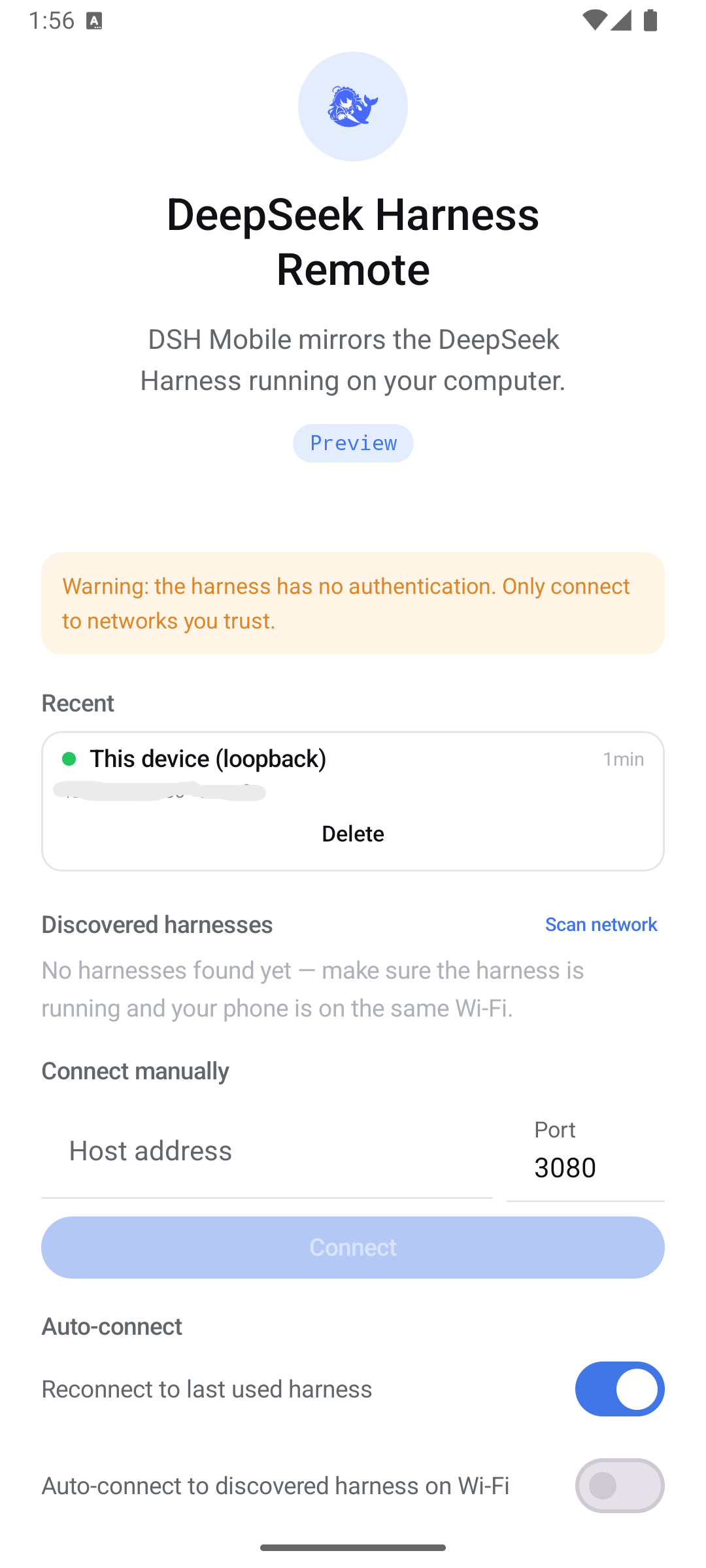Connect screen: recent harnesses with live reachability, discovery, manual entry and auto-connect toggles