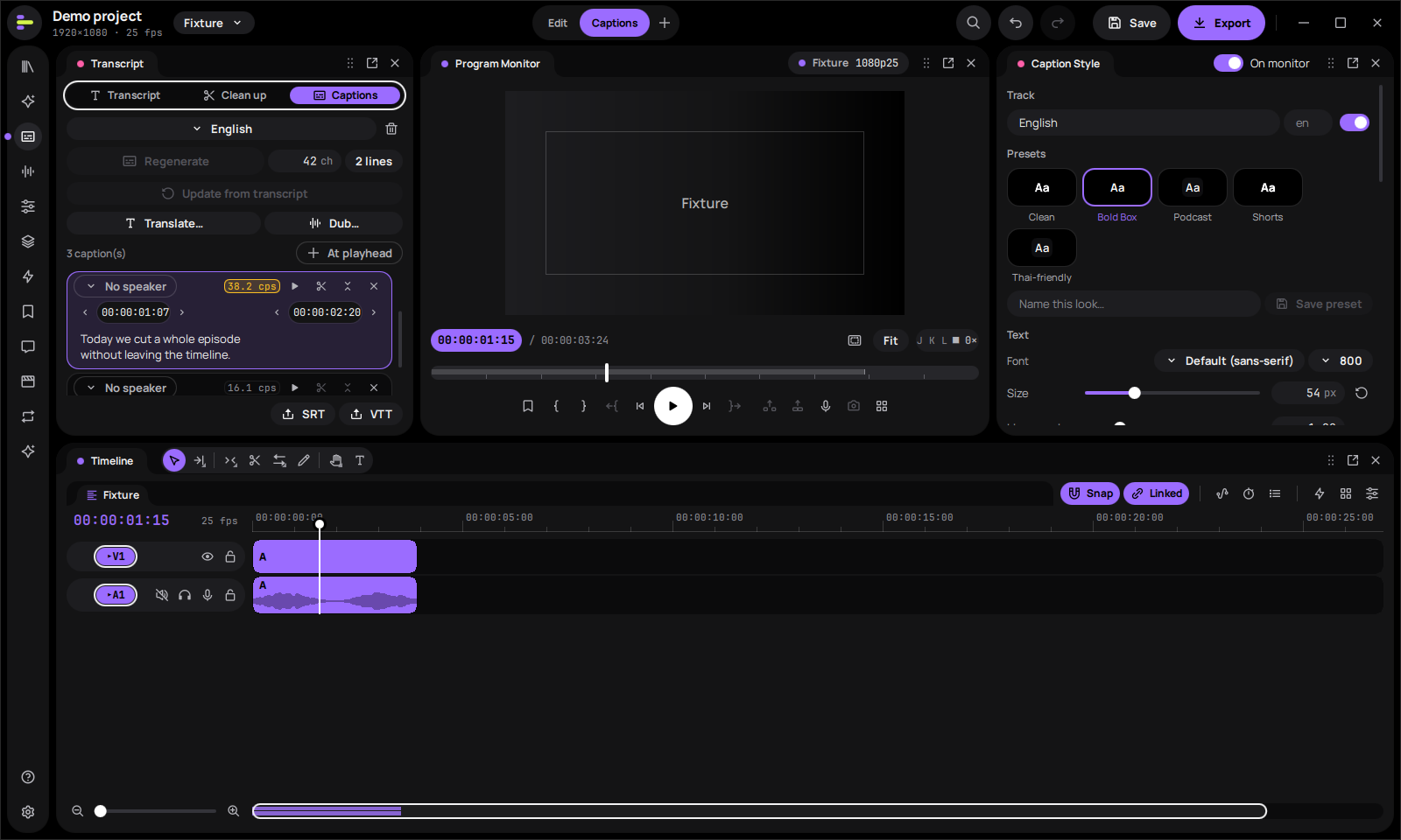Caption workshop with caption list, style presets and font settings