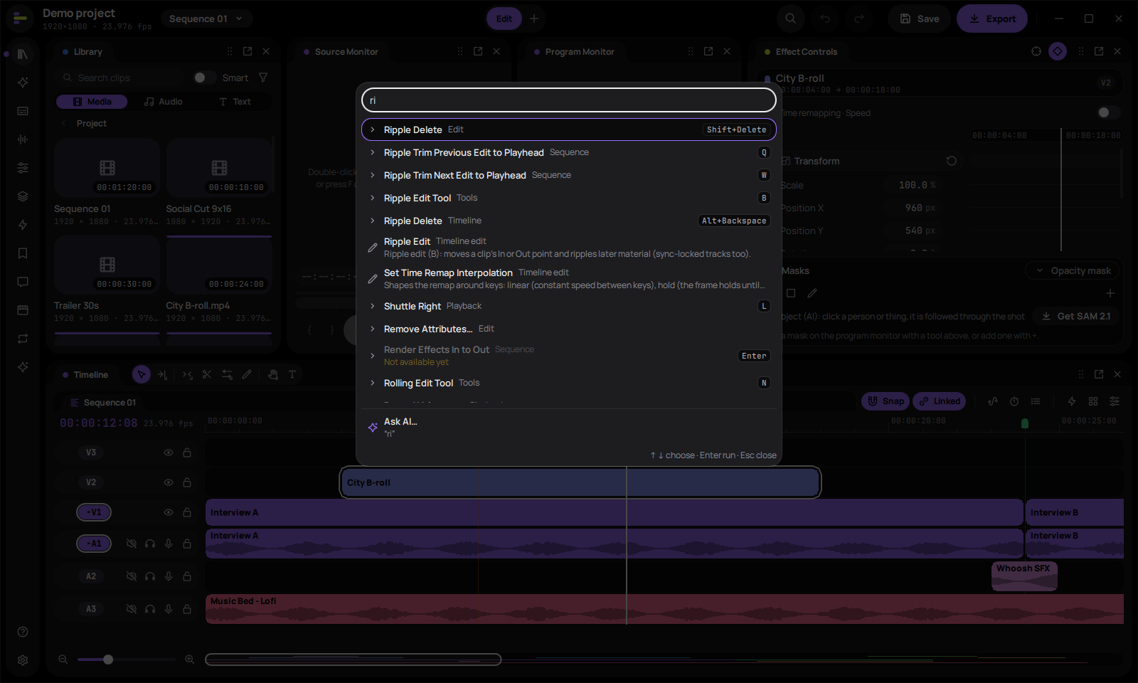 Command palette listing ripple commands with their Premiere shortcuts