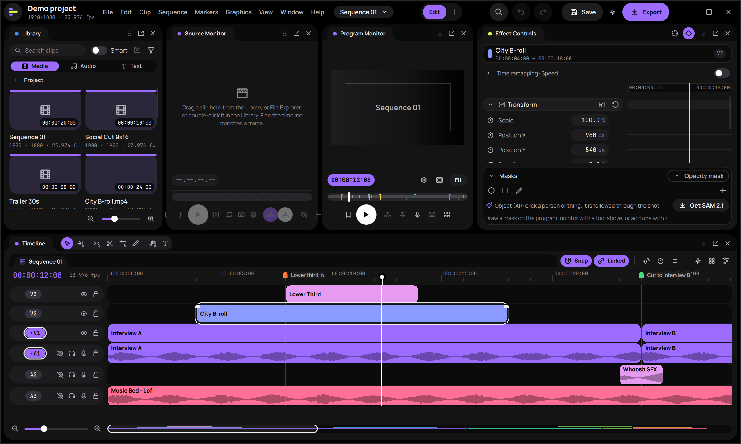 The Wabcut editor: the menu bar, library, source and program monitors, effect controls and a multi-track timeline