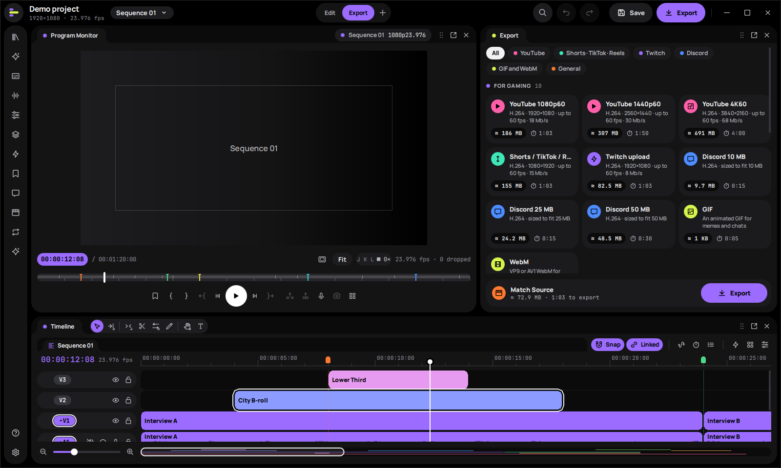 Export workspace with YouTube, Shorts, Twitch and Discord presets