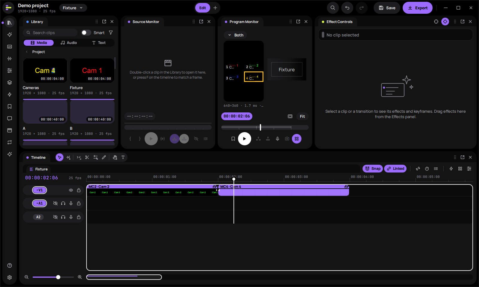 Multicam angle grid in the program monitor with multicam clips on the timeline