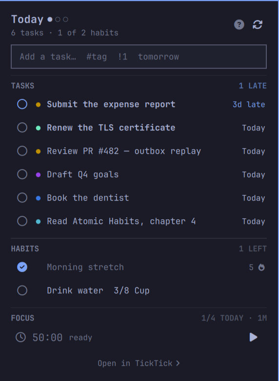 The TickTick panel: tasks with tag colours, habits with a streak, and a focus timer