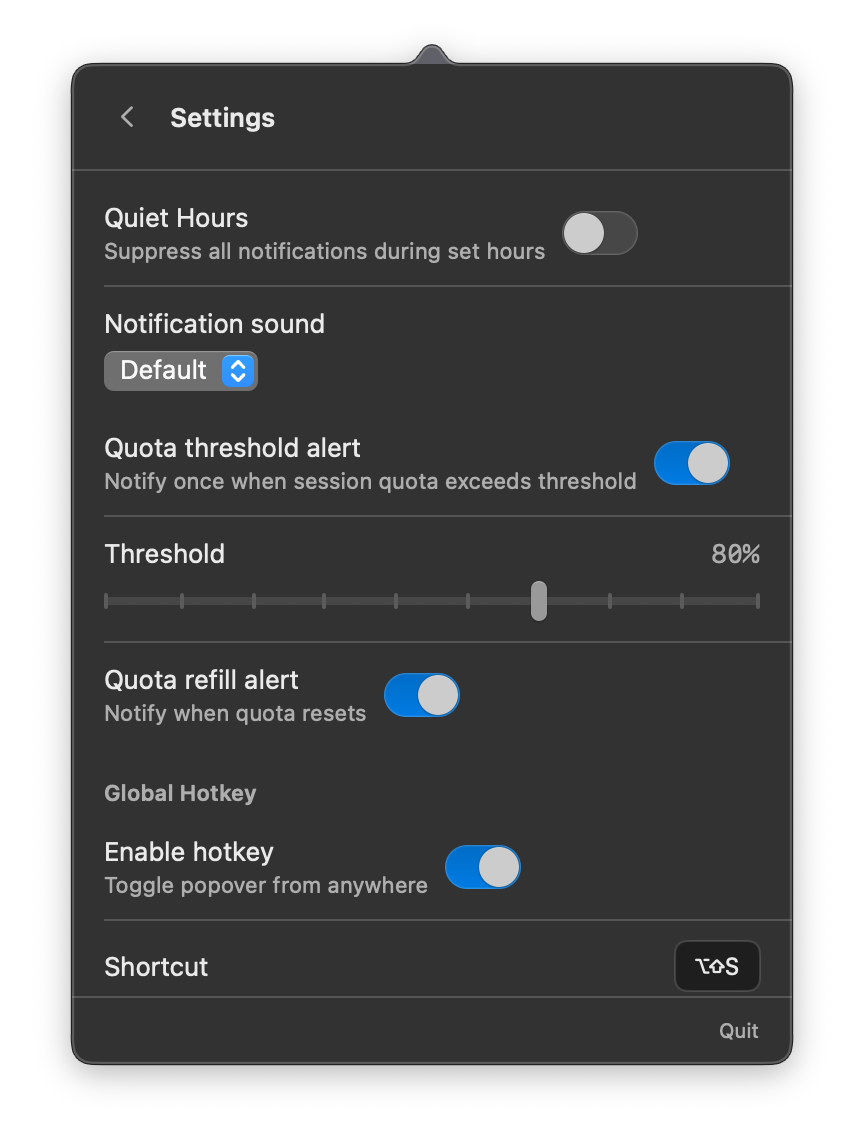 Settings — quota and display options