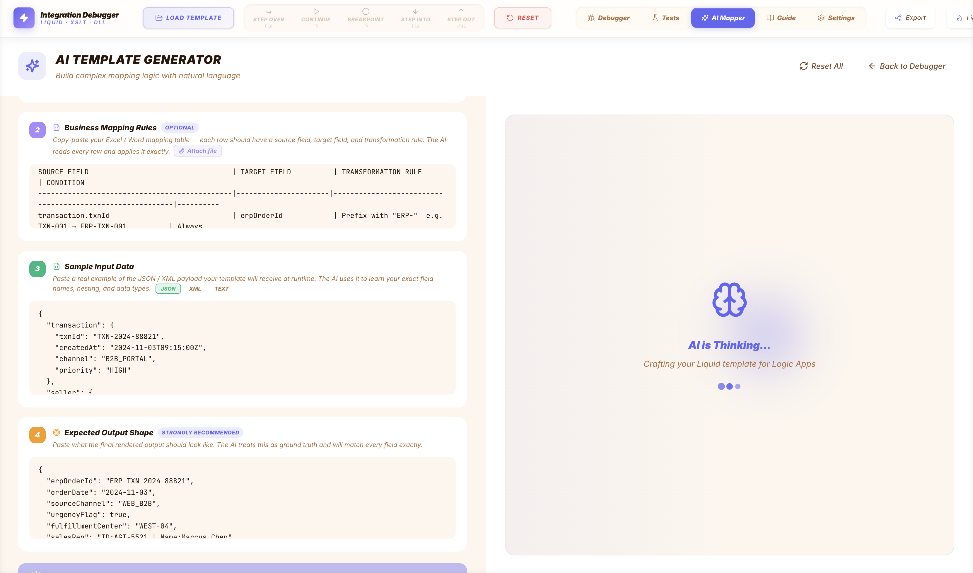 AI Mapper — business rules, sample input, expected output