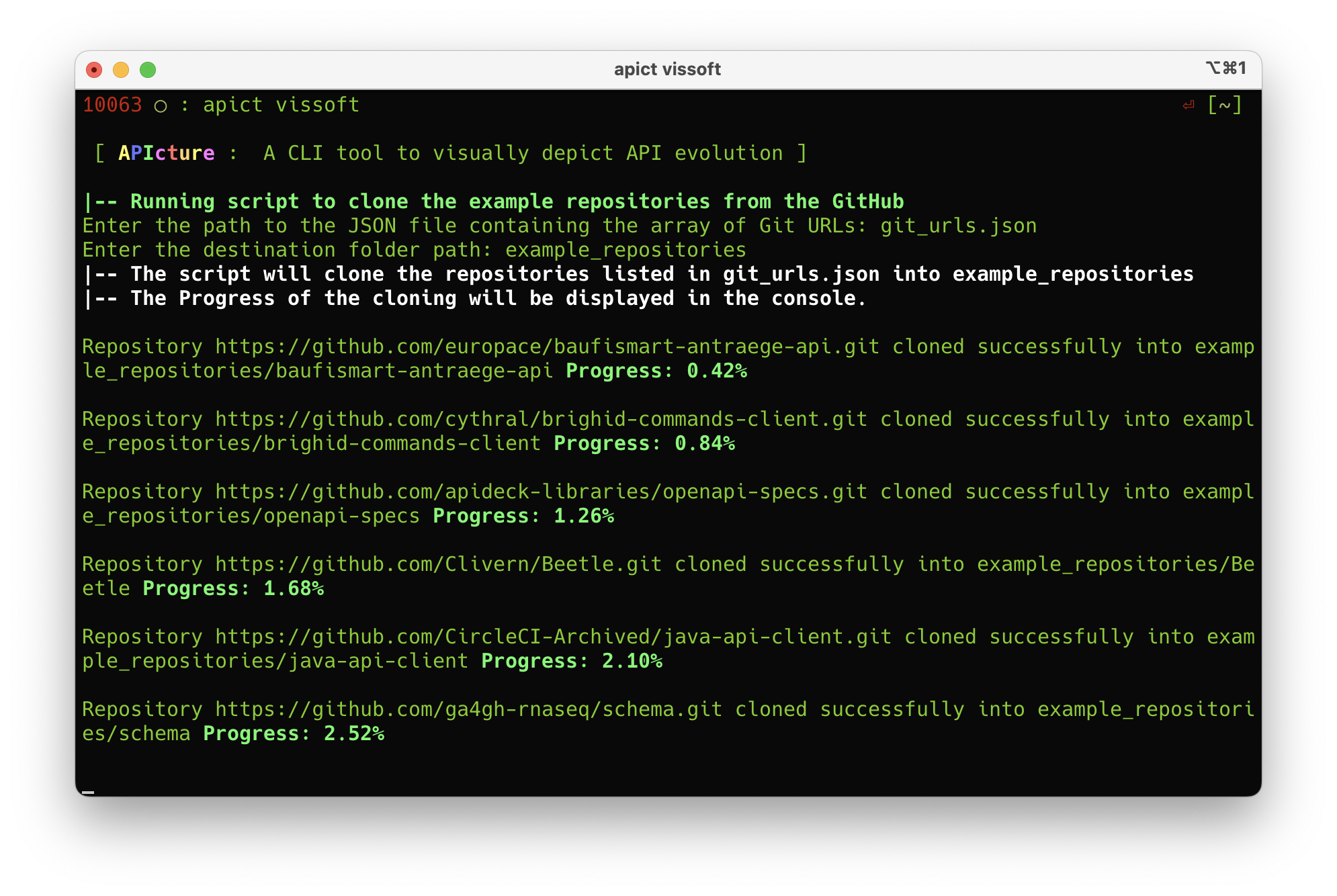 Console showing the progress of the projects cloning phase 