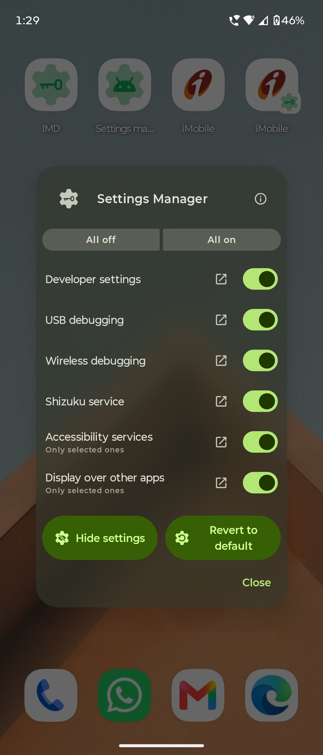 The Settings Manager window over a homescreen: All off / All on, then Developer settings, USB debugging, Wireless debugging, Shizuku service, Accessibility services and Display over other apps, each with a switch and a link out to Android