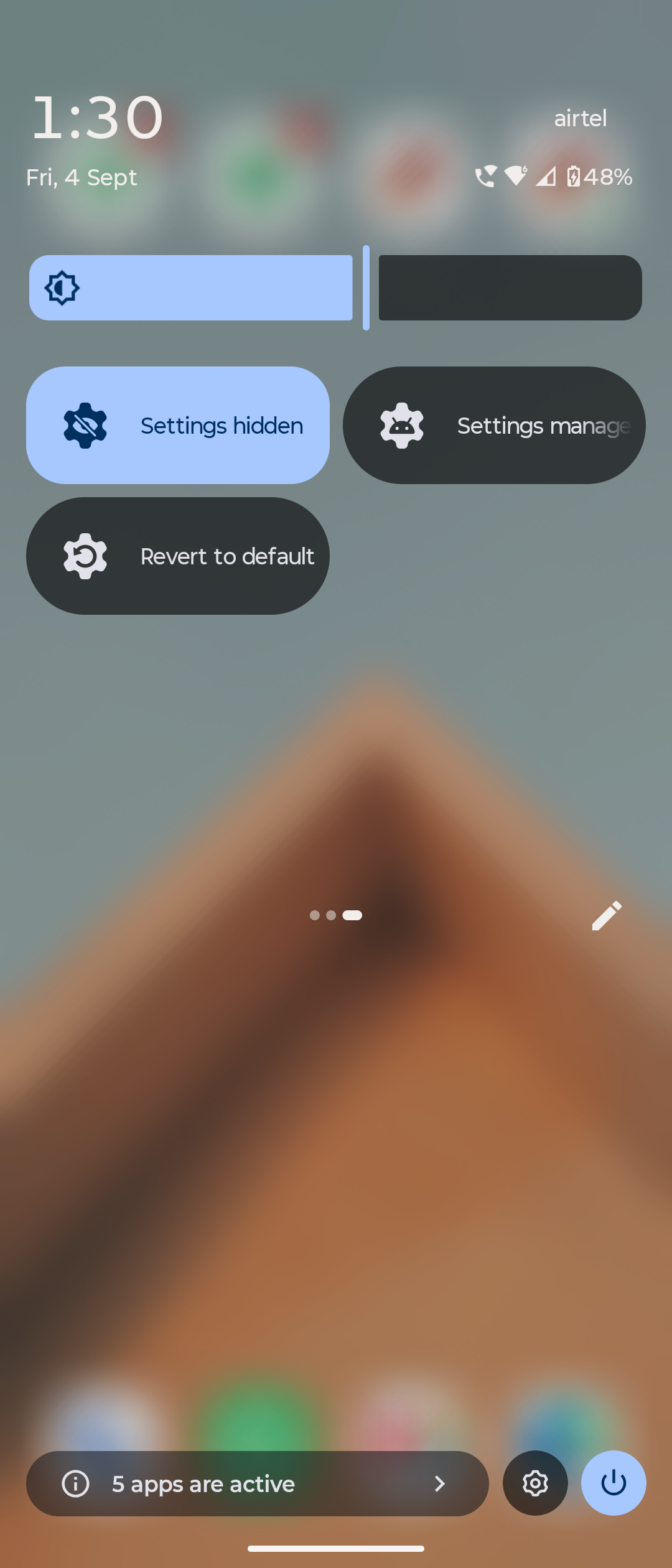 The Quick Settings shade with three IMD tiles: Settings hidden, Settings manager and Revert to default