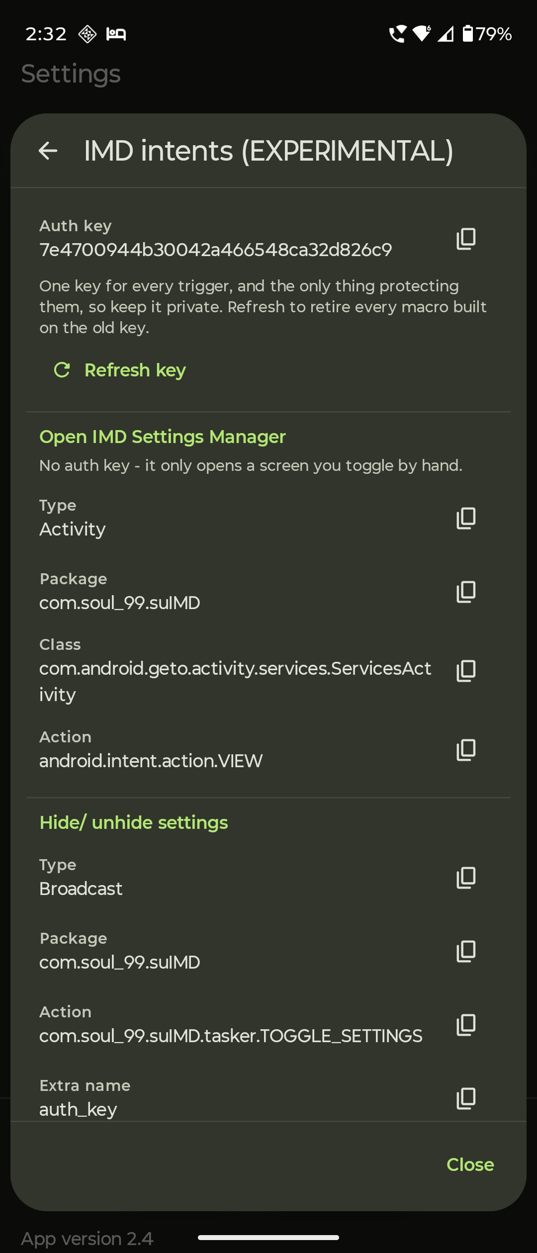 The IMD intents screen, showing the per-install auth key with a refresh, and the type, package, class and action of each intent with a copy button on every value