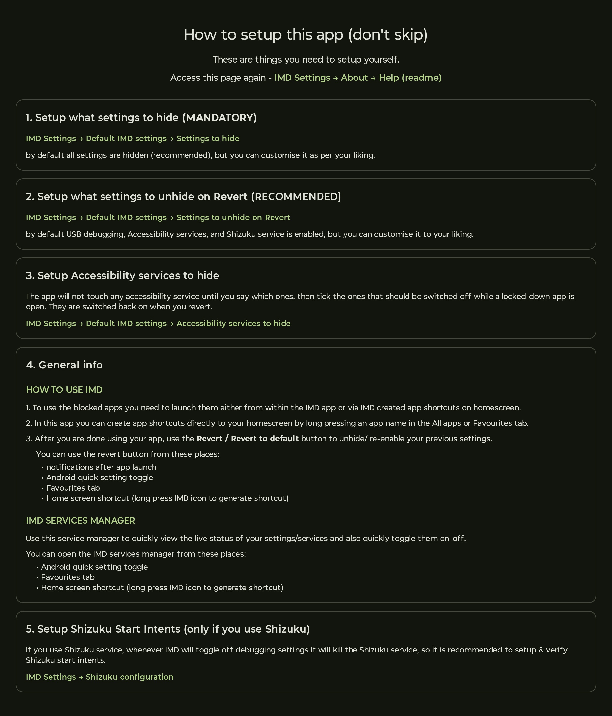 The app's setup help page: 1. Settings to hide (mandatory), 2. Settings to unhide on Revert, 3. Accessibility services to hide, 4. General info covering how to use IMD and what the services manager is for, 5. Shizuku start intents