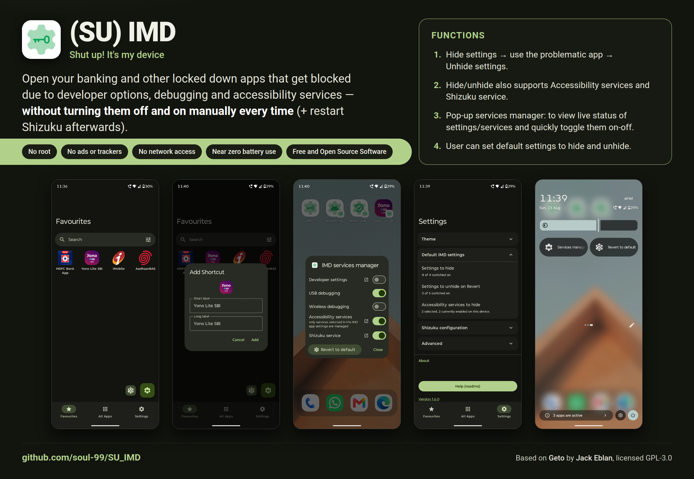 Poster: what IMD does, with screenshots of the Favourites tab, creating a shortcut, the IMD services manager, the settings screen and the Quick Settings tiles