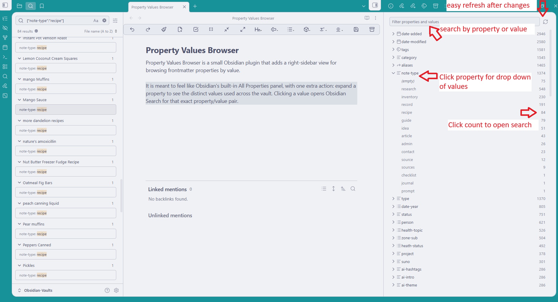 Property Values Browser in Obsidian
