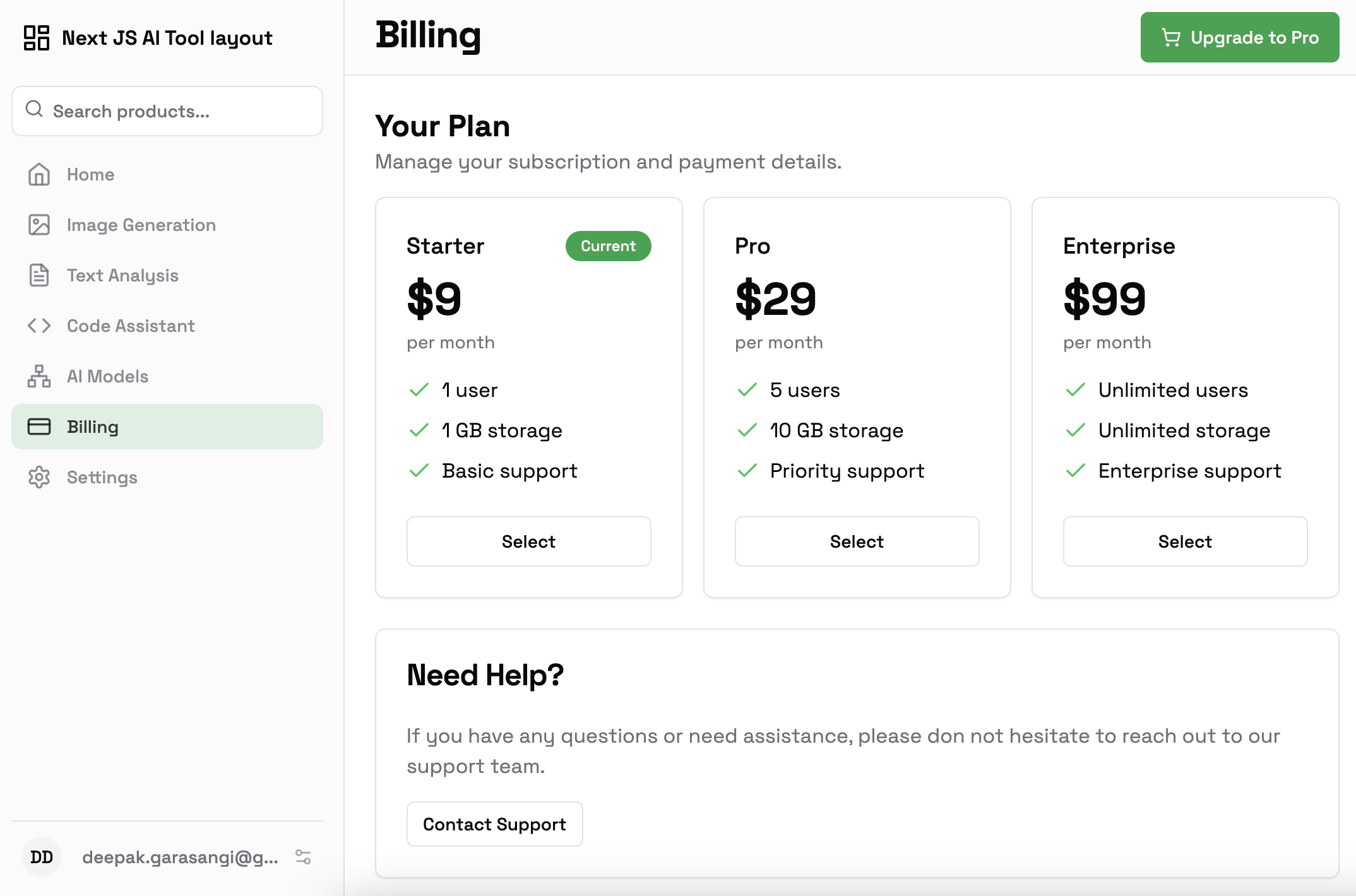 Billing page