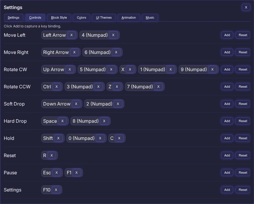 Controls tab