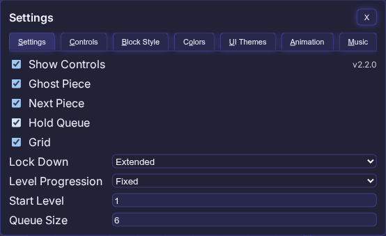 Settings tab