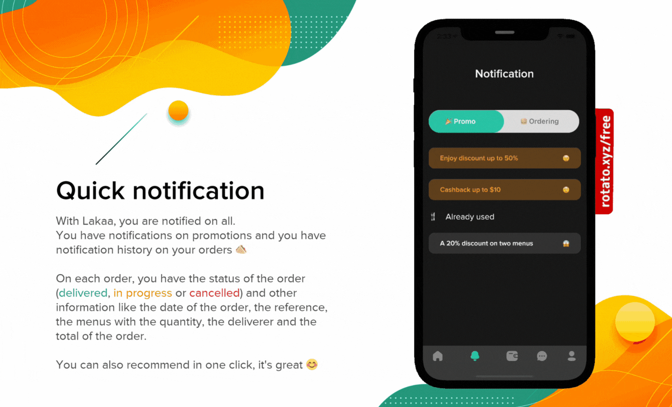 Lakaa food delivery app notification gif - flutter ui kit design