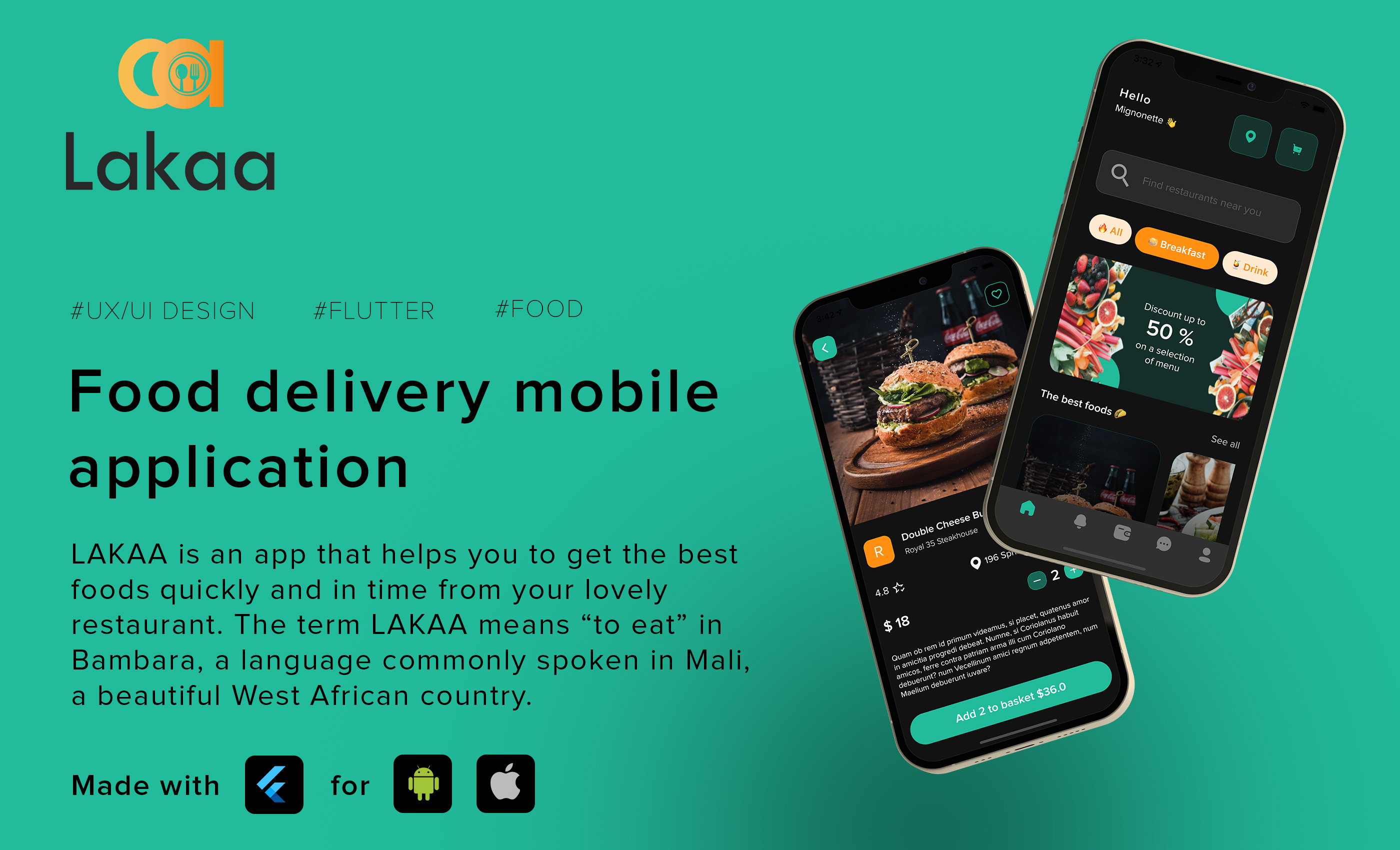 Lakaa food delivery app presentation - flutter ui kit design