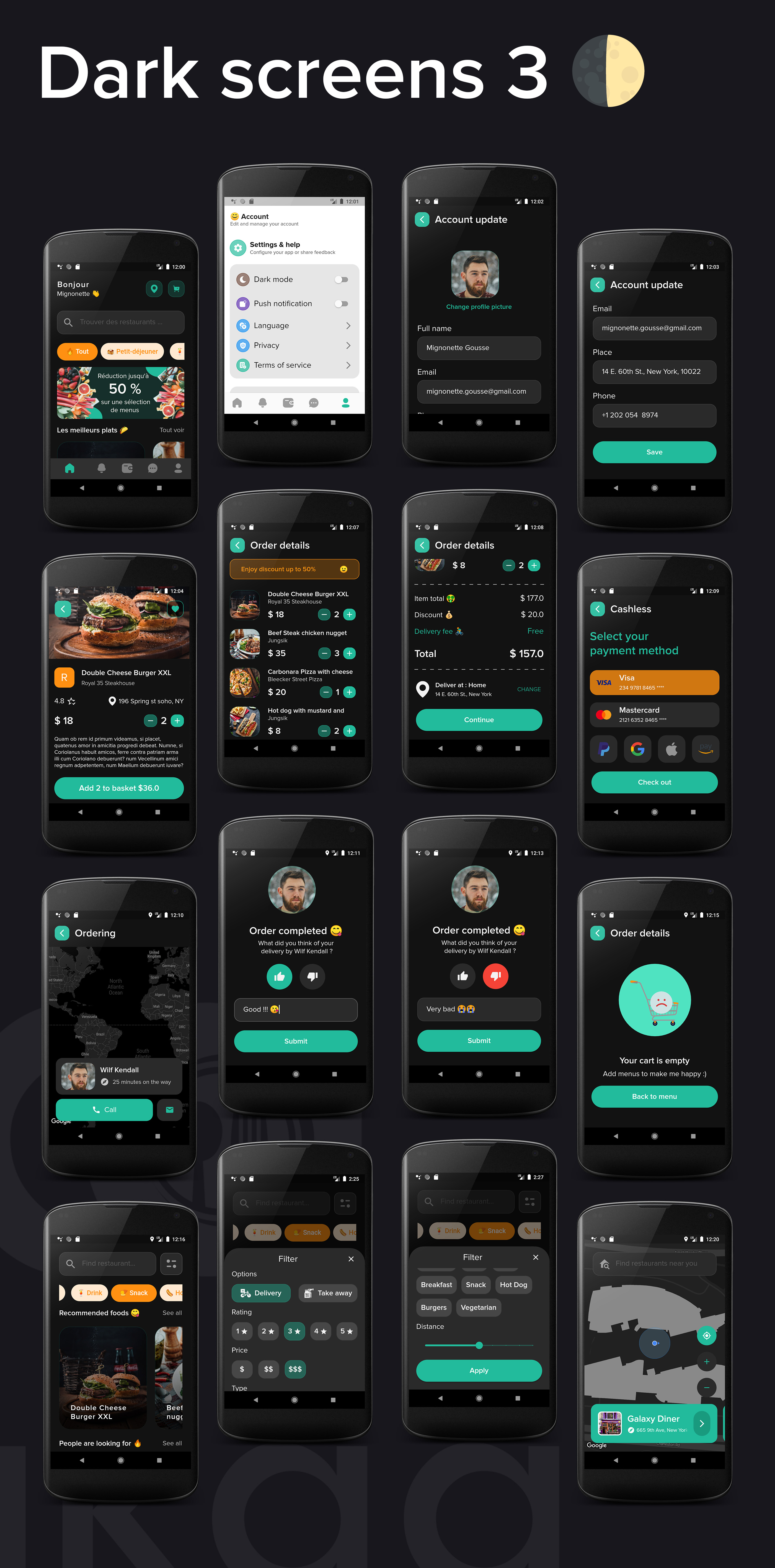 Lakaa food delivery app dark mode screens 3 - flutter ui kit design