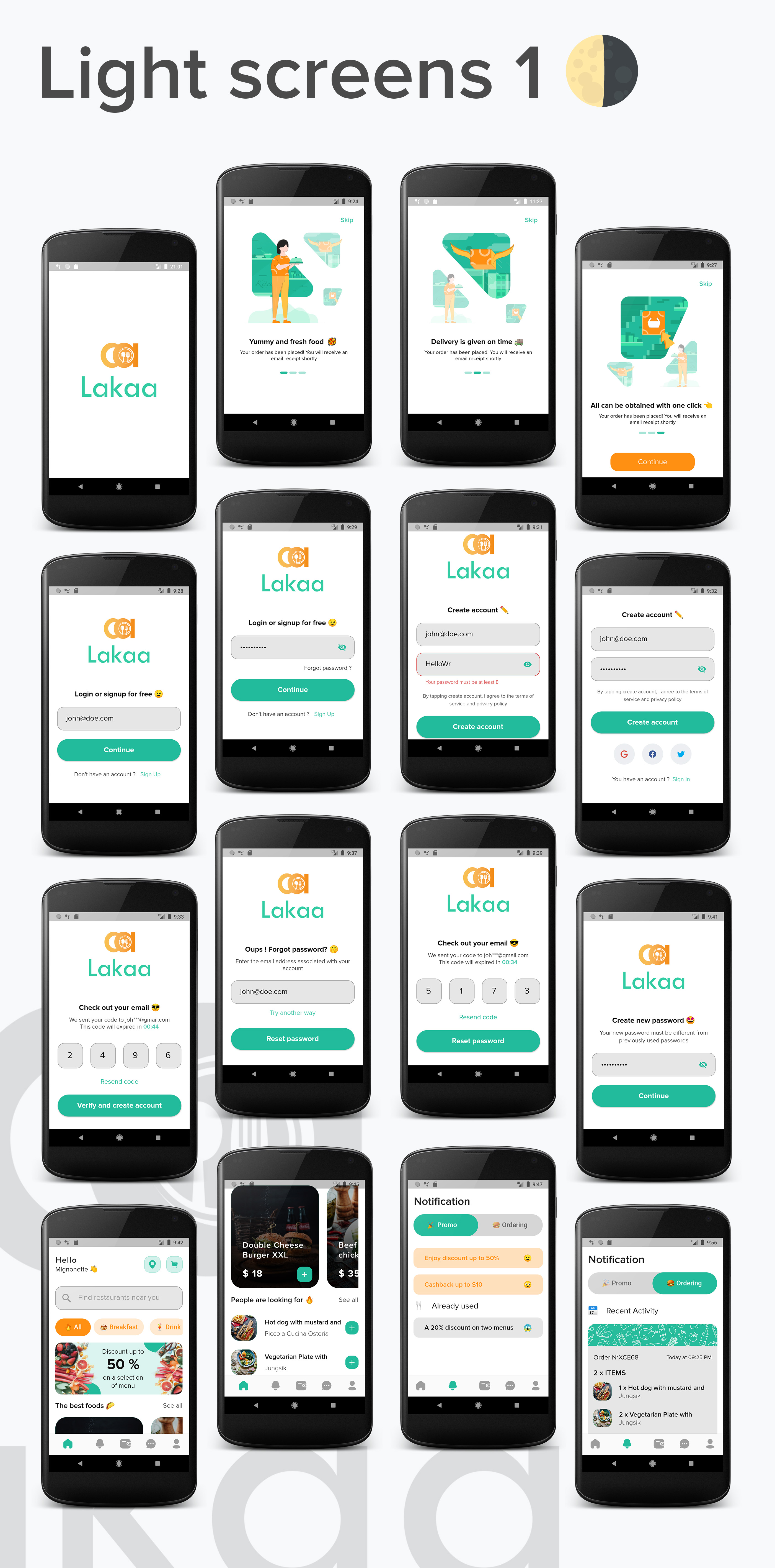 Lakaa food delivery app light mode screens 1 - flutter ui kit design