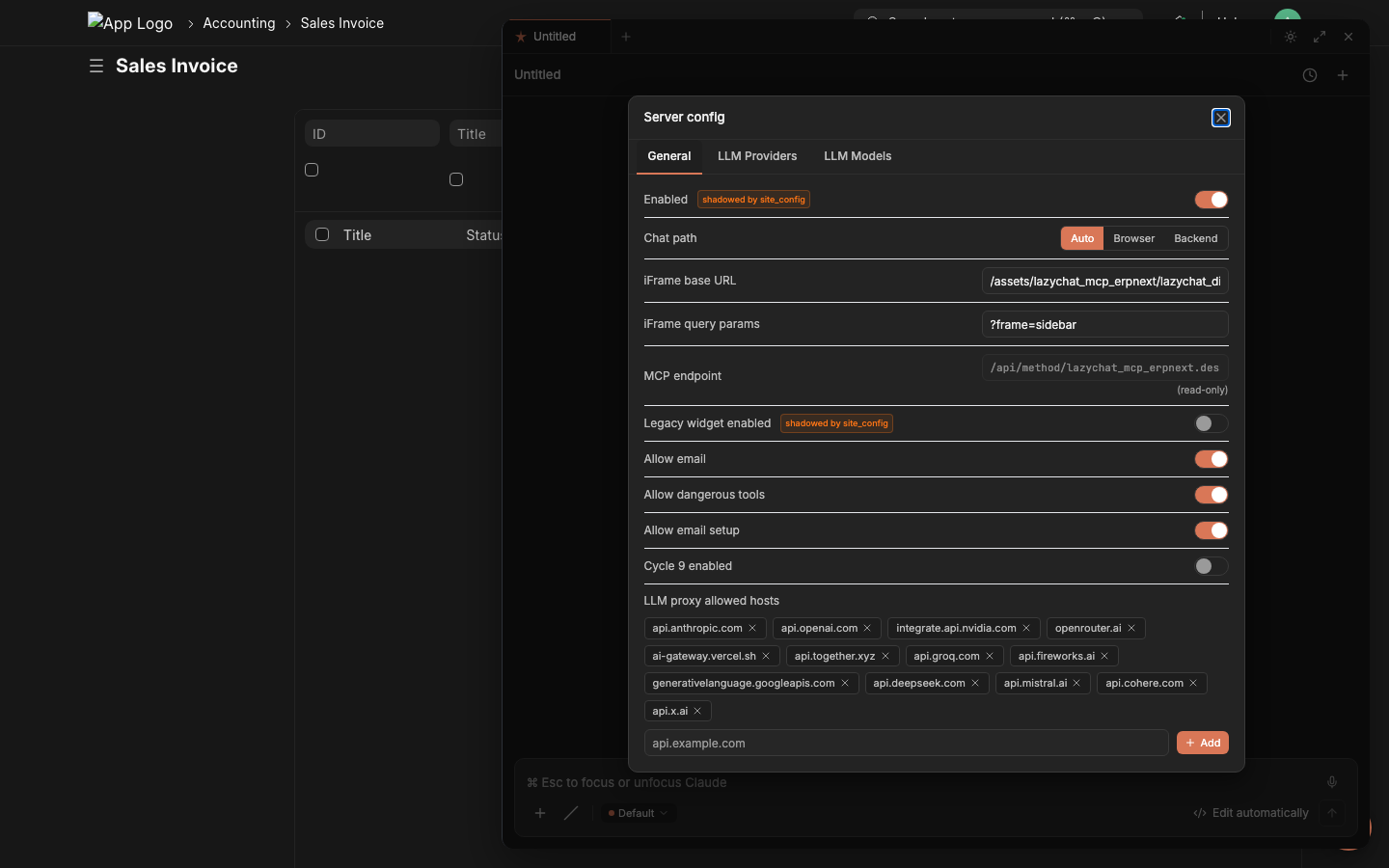 Server Config dialog open inside the chat panel — General / Providers / Models tabs, all settings live in-app since Cycle 10