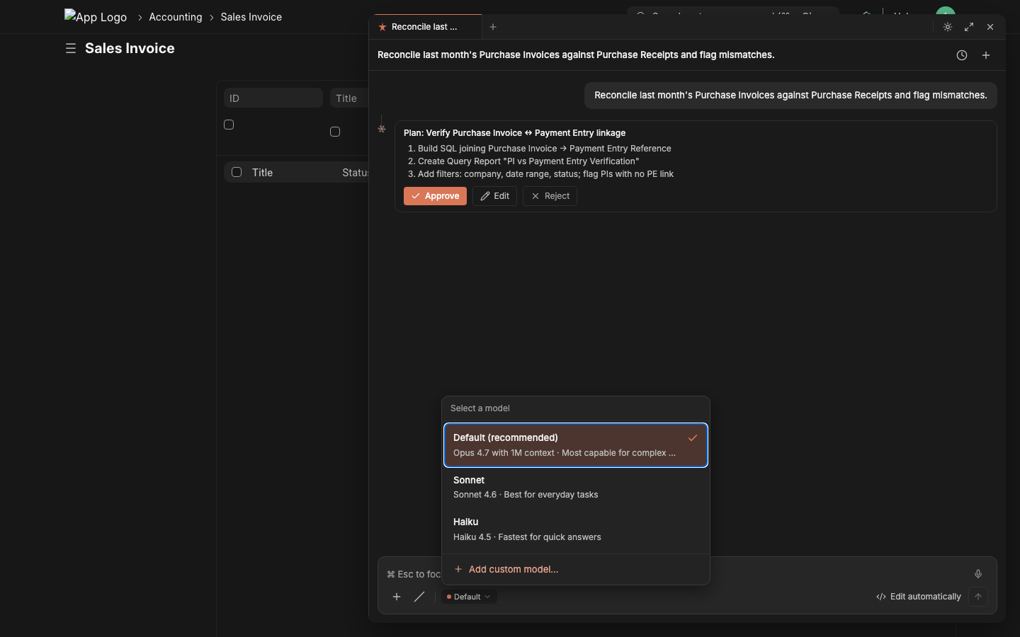 Model picker with built-in models and Add custom model button