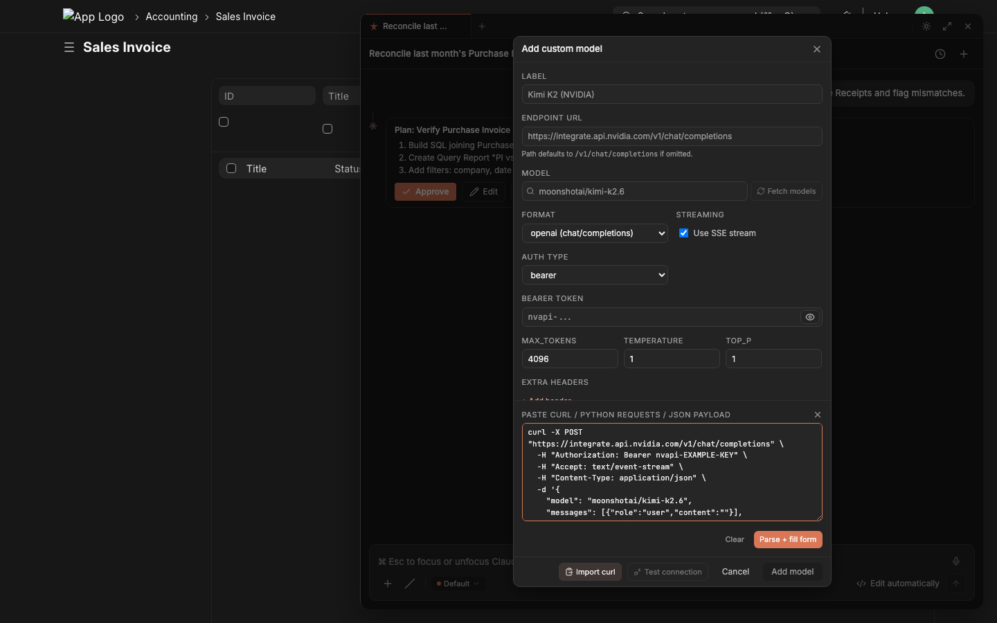 Add custom model dialog with a NVIDIA NIM curl snippet pasted; the form on the left has populated endpoint, model, format, streaming, and bearer token fields