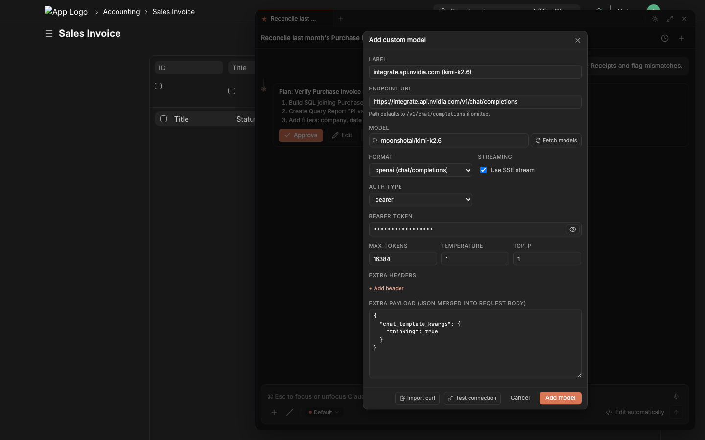 Add custom model form fully populated, ready to Test connection or Add model