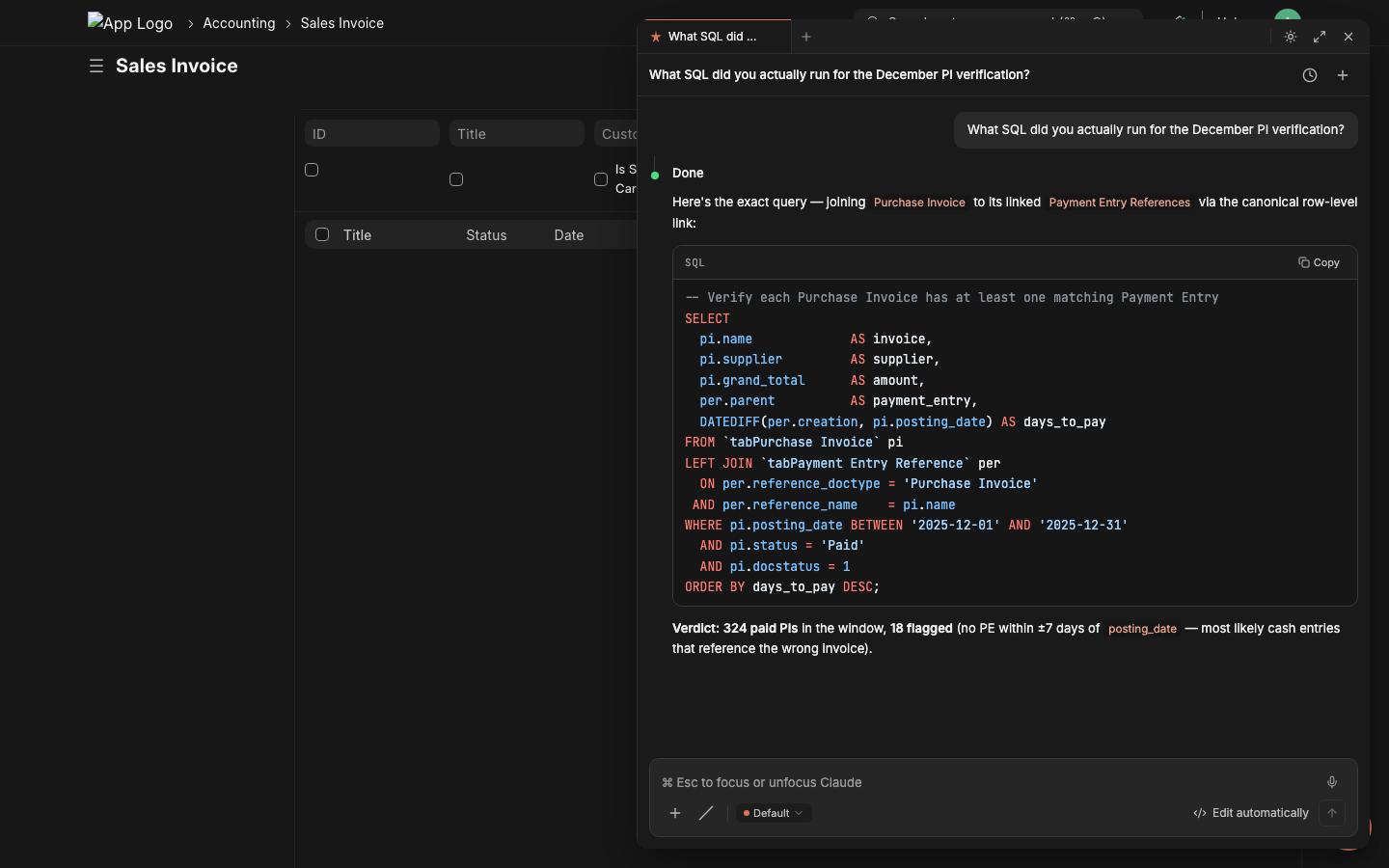 SQL code block with full shiki syntax highlighting, language tag, and copy button, rendered in the chat panel