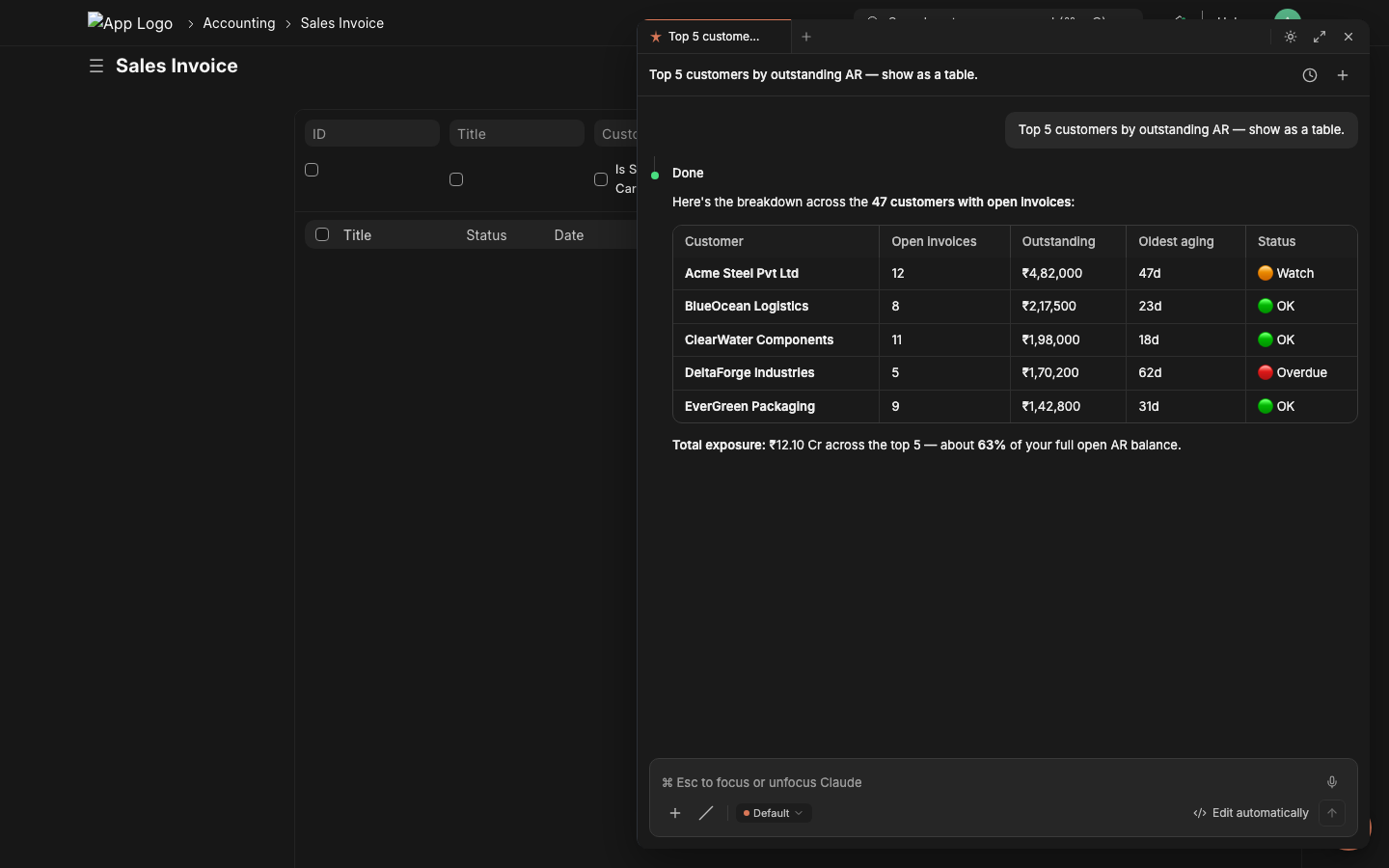 Top-5 customers table with currency-aligned columns and status badges, rendered in the chat panel
