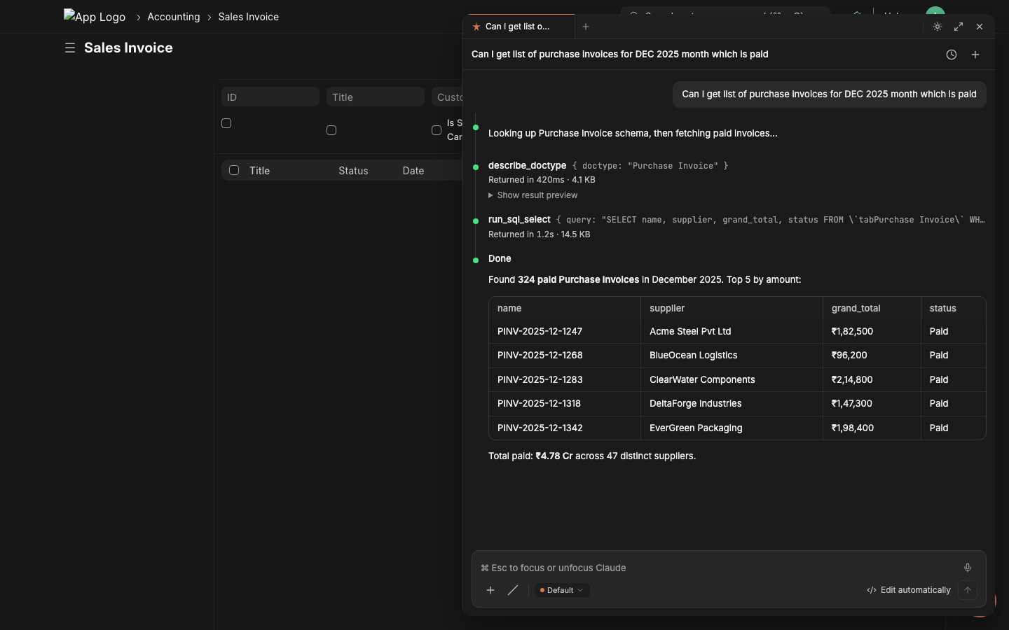 Tool dispatch cards with byte counts and a result table of 324 paid invoices