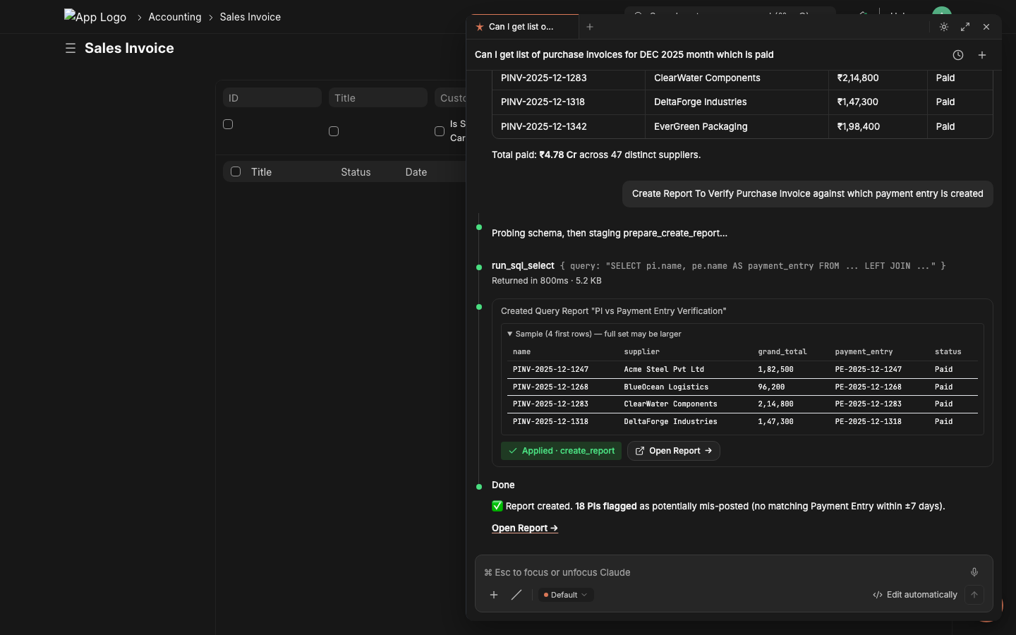 Apply card with sample rows + Open Report button after a successful prepare_create_report commit