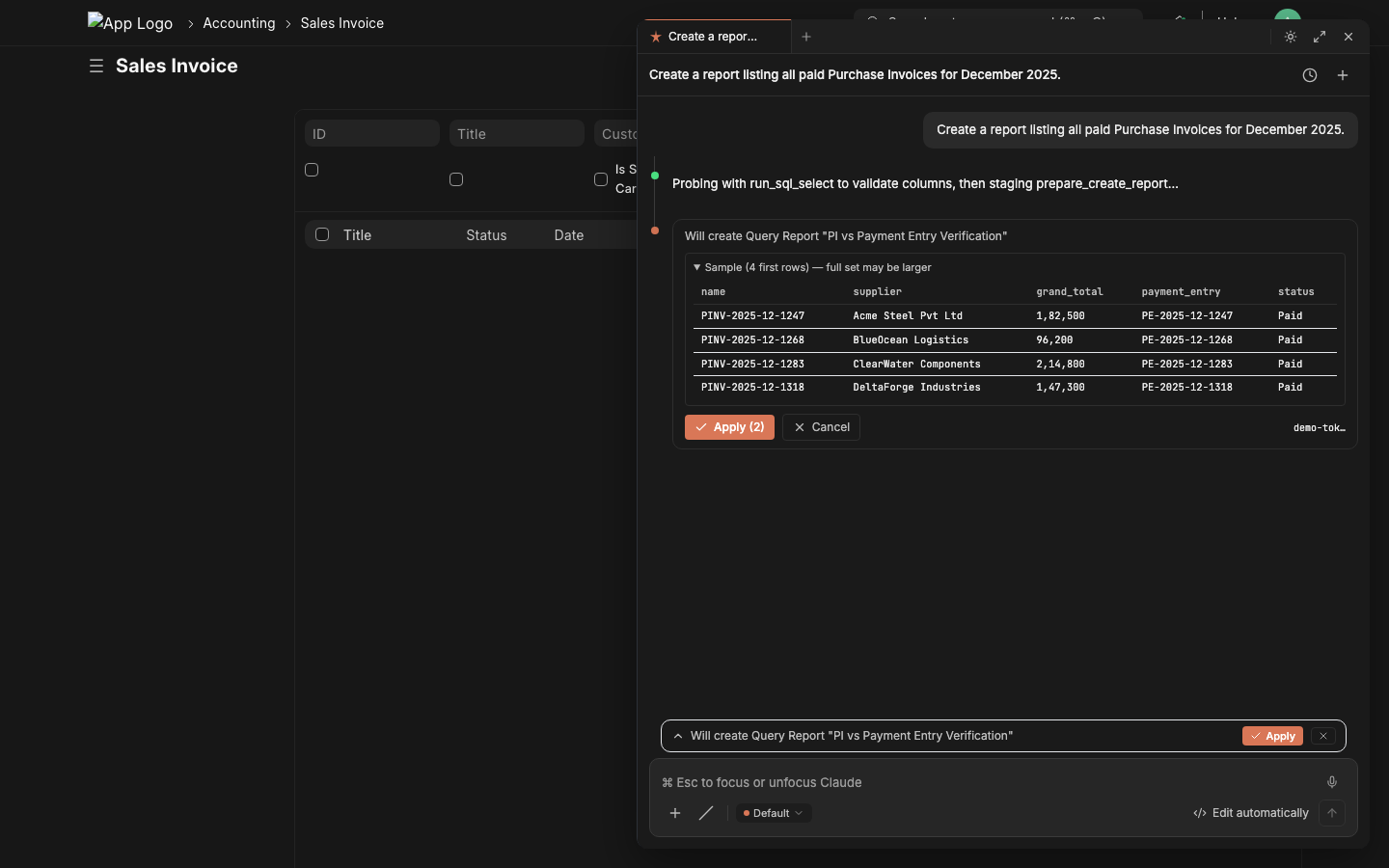 Apply card with sample rows preview and Apply / Cancel buttons