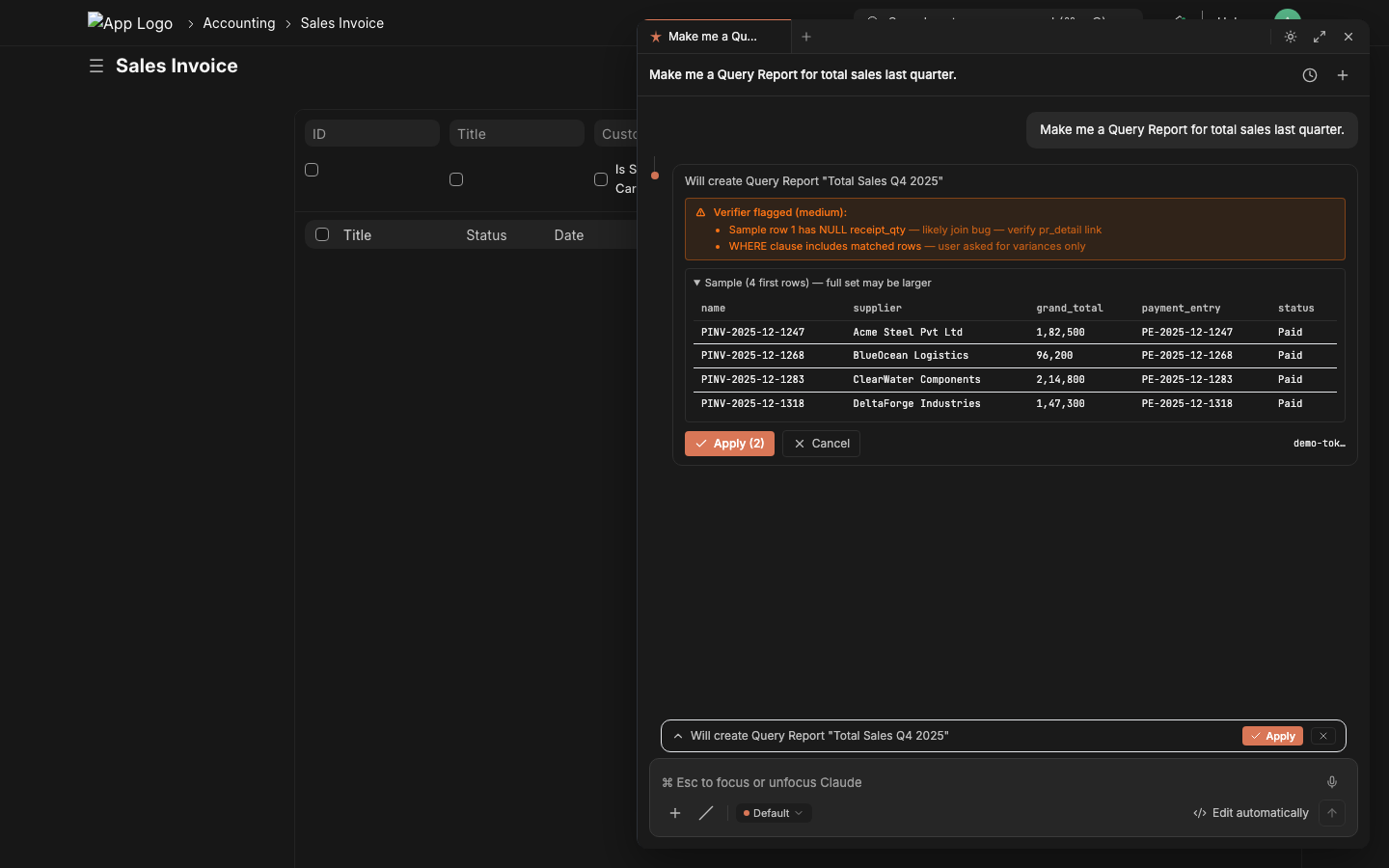 Apply card with amber critic strip listing 2 mismatches the verifier flagged