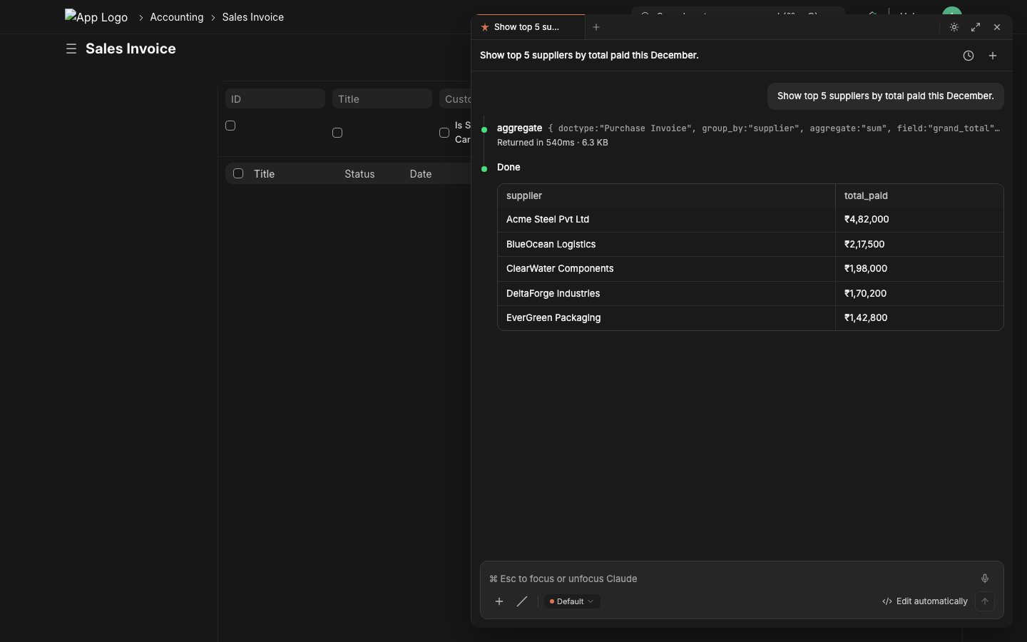 Live tool dispatch — aggregate query returning a customer/outstanding table