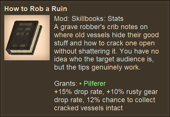 A Skillbooks: Stats book's in-game tooltip, showing the trait it grants and its exact effects
