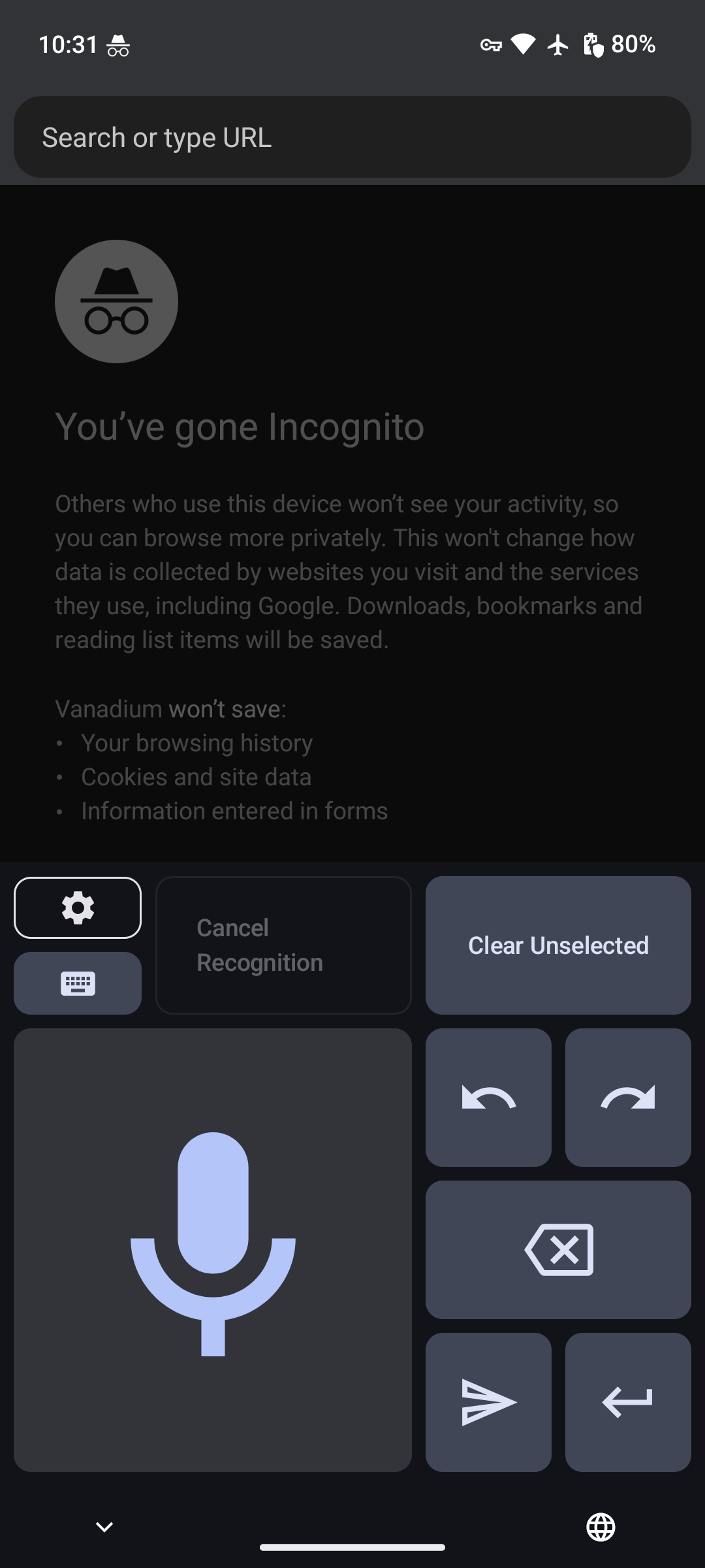 Screenshot of the keyboard UI, focused on the search bar of Vanadium's incognito tab.